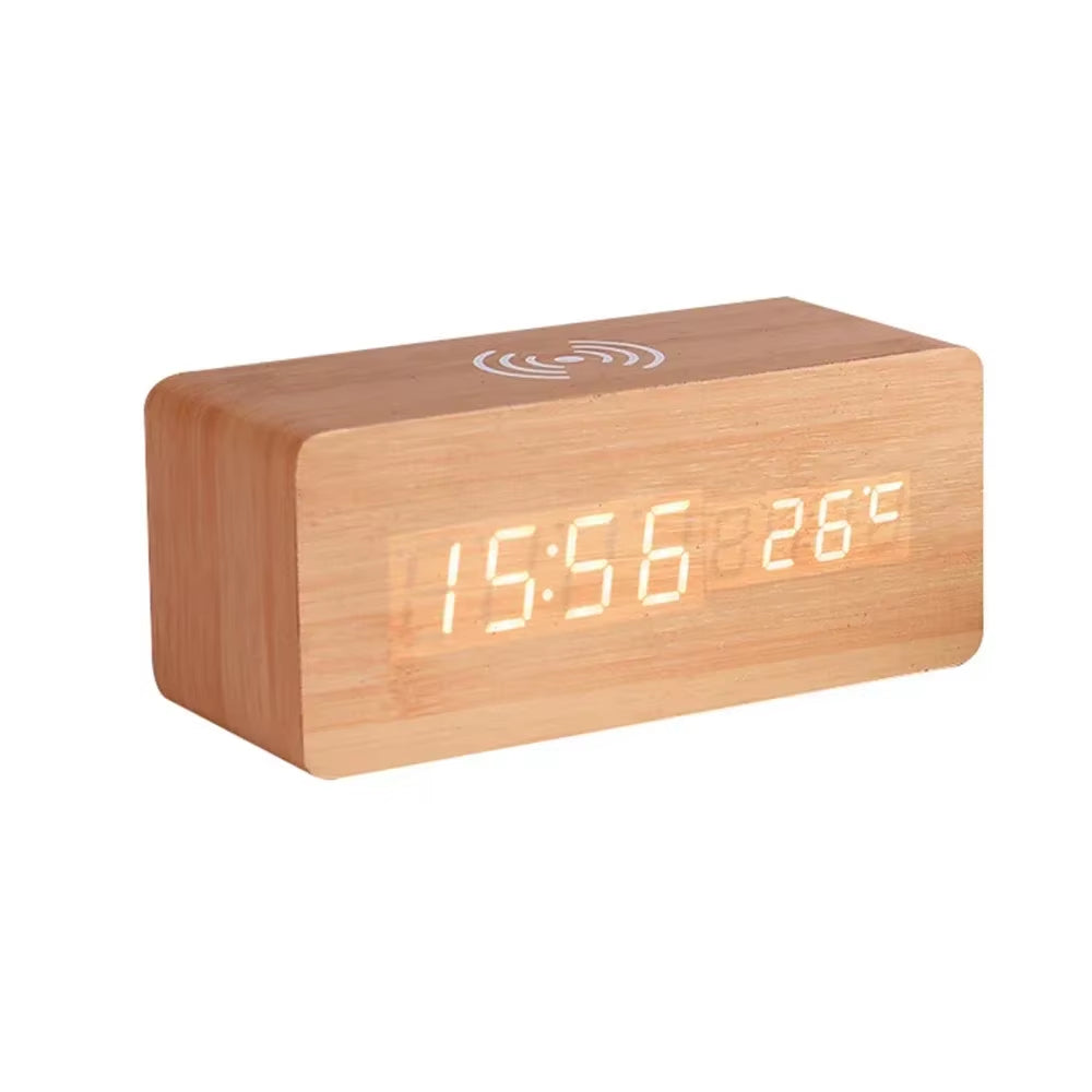 Modern Wooden Wood Digital LED Desk Alarm Clock Thermometer Wireless Charger with Qi Wireless Charging Pad Alarm Clock LED