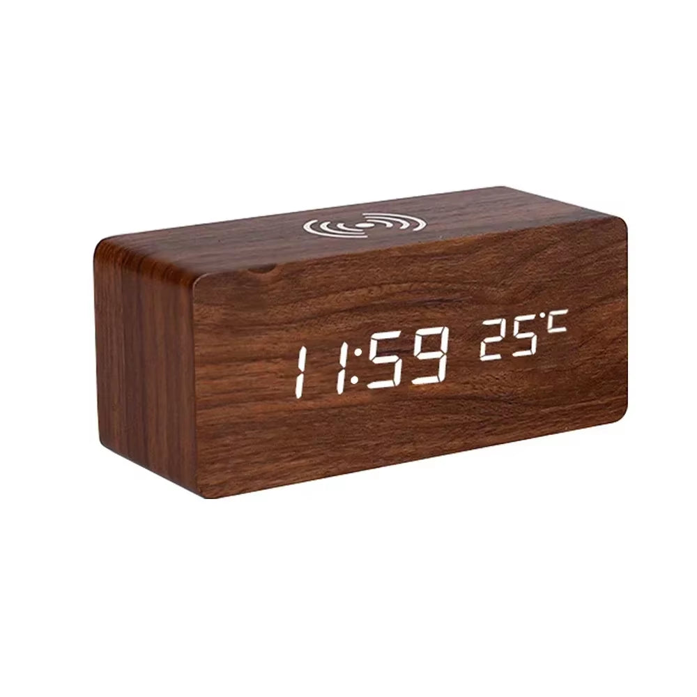 Modern Wooden Wood Digital LED Desk Alarm Clock Thermometer Wireless Charger with Qi Wireless Charging Pad Alarm Clock LED