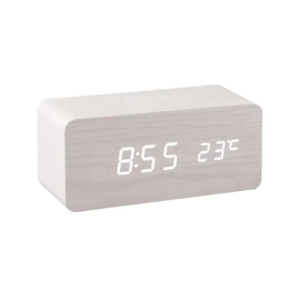 Modern Wooden Wood Digital LED Desk Alarm Clock Thermometer Wireless Charger with Qi Wireless Charging Pad Alarm Clock LED